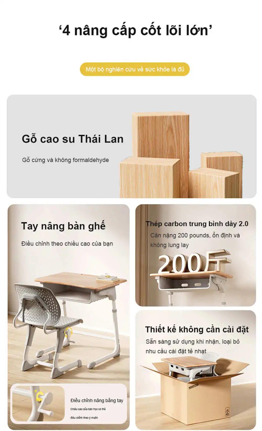 Alt text: Hình ảnh minh họa các chất liệu sản xuất bàn ghế trường học