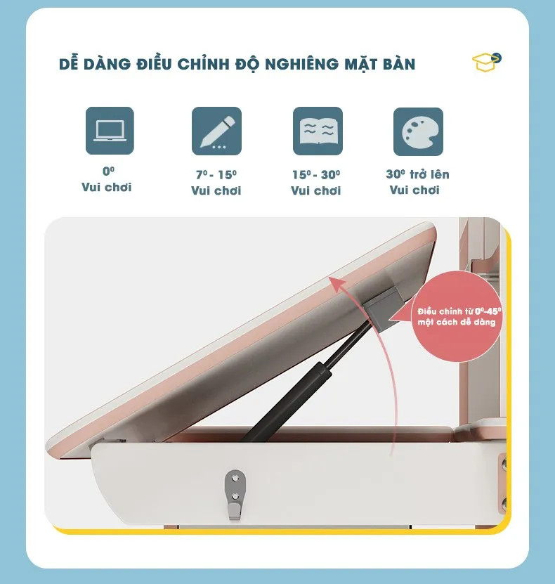 Bàn học thông minh BSUC có thể điều chỉnh độ nghiêng mặt bàn từ 0-60 độ