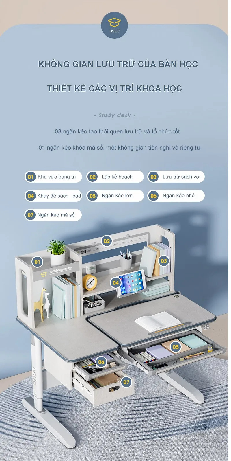 Bàn học thông minh điều chỉnh được góc nghiêng từ 0-60 độ