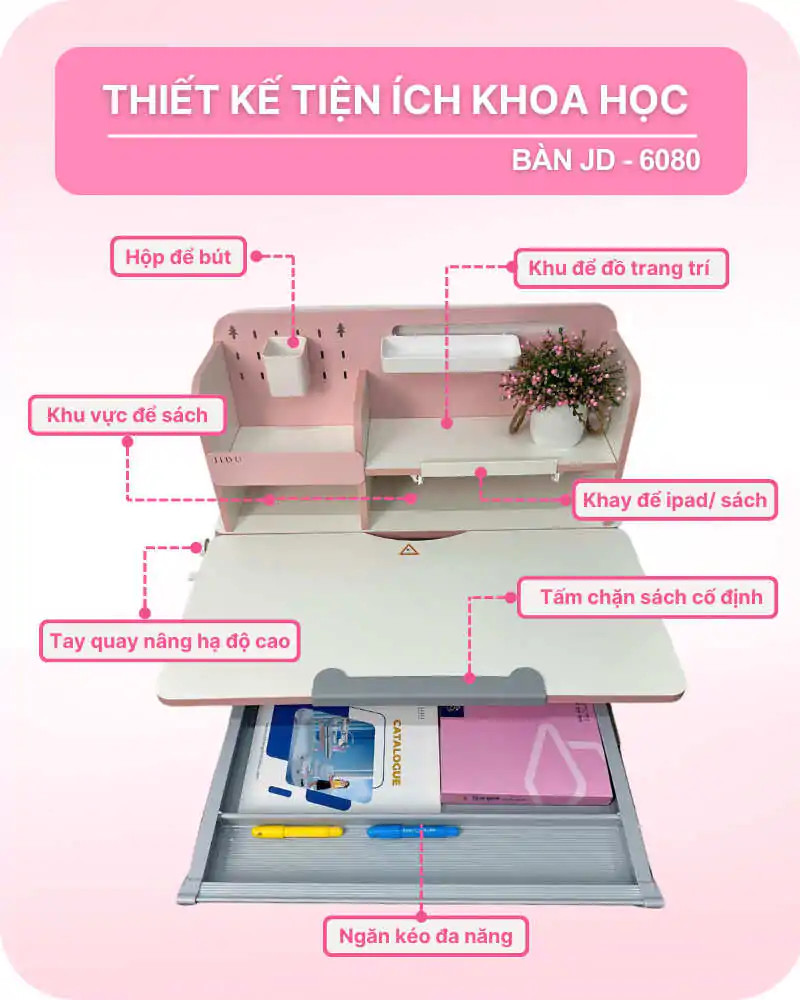 Bàn học thông minh JD-6080 với thiết kế tiện ích và khoa học, giúp tối ưu không gian học tập