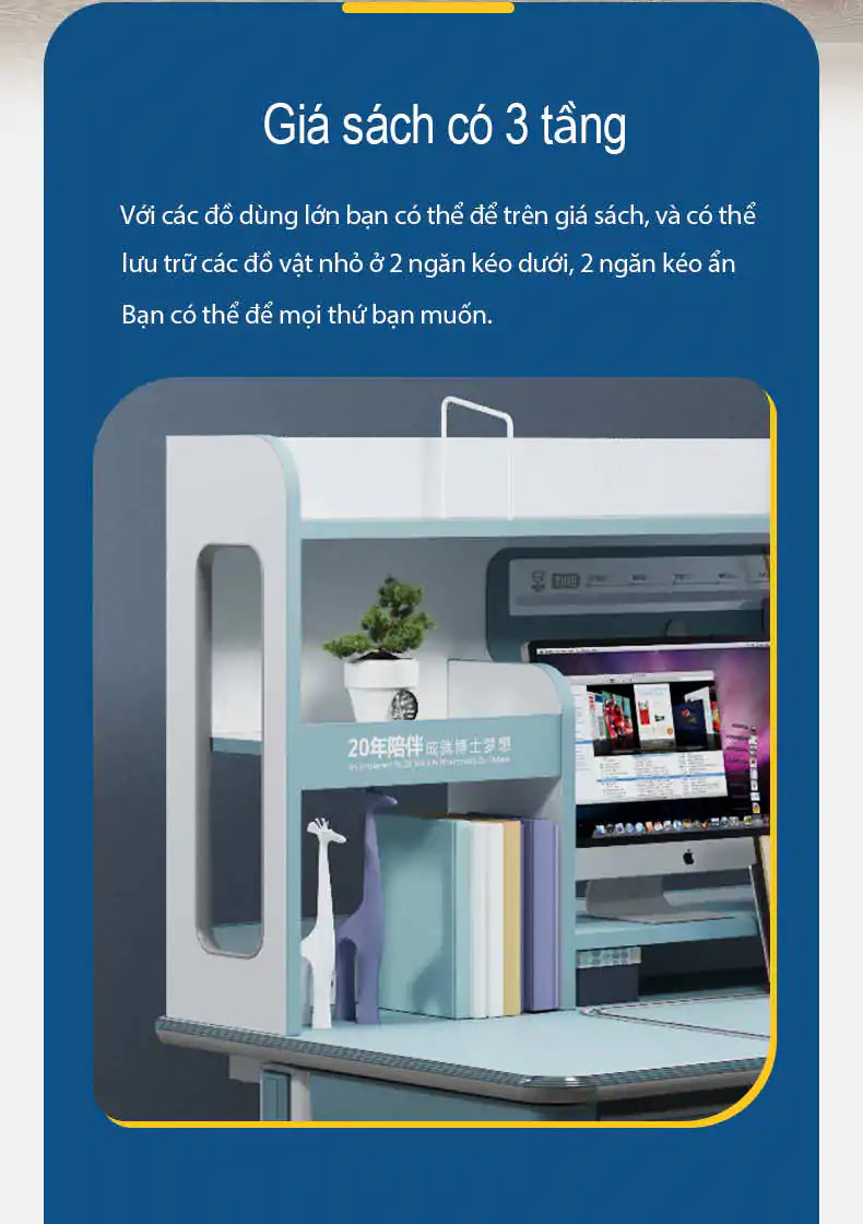 Bàn học thông minh với giá sách lớn