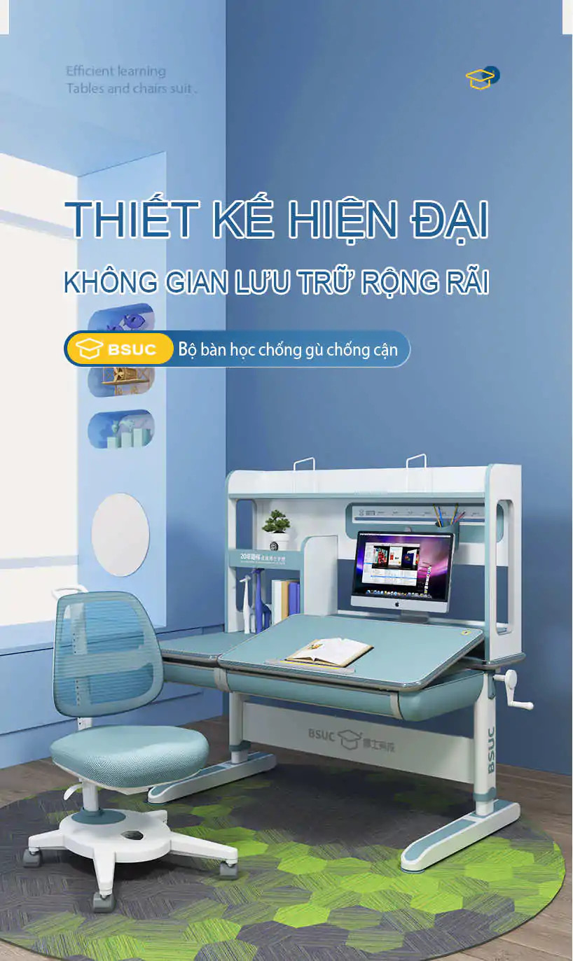Hình ảnh minh họa bàn học thông minh chống gù lưng giúp trẻ ngồi đúng tư thế