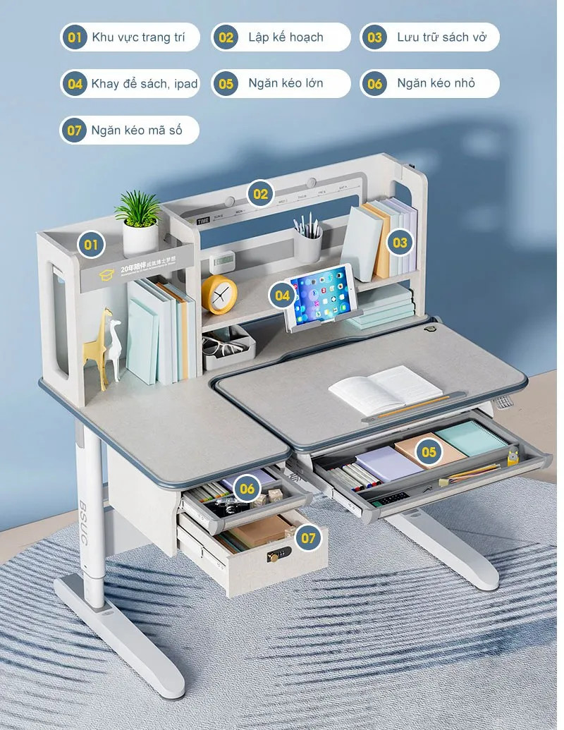 Không gian lưu trữ bàn học thông minh cho học sinh cấp 2 rộng rãi